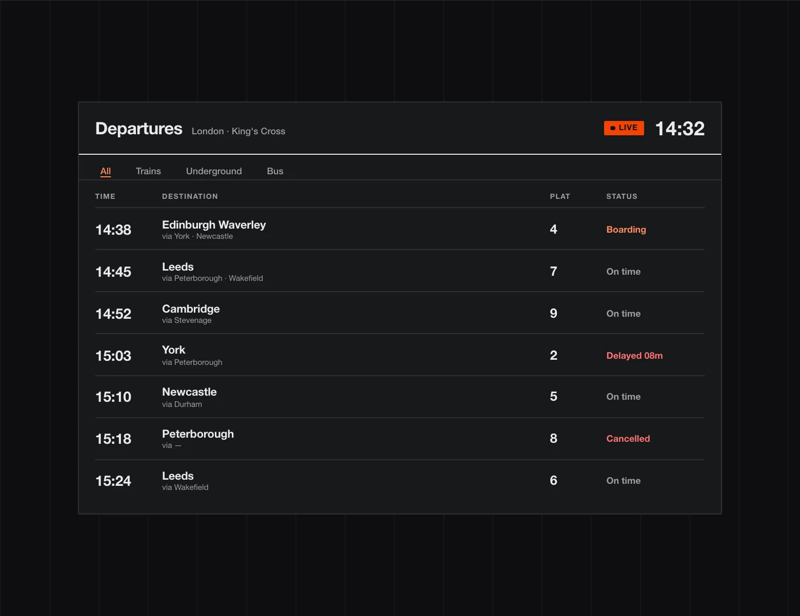 Depart, a departures app, in aronia's Swiss style on desktop