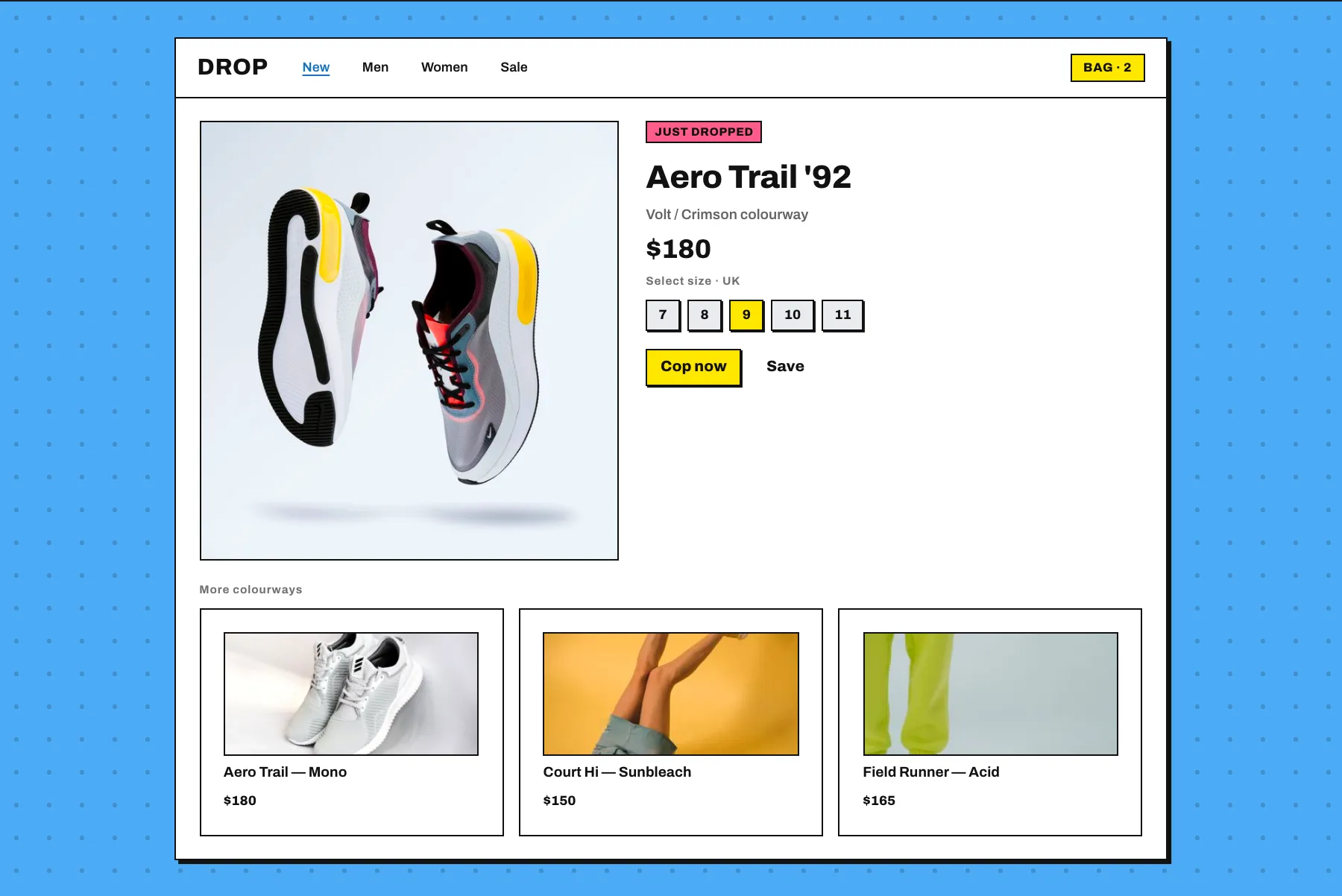 Drop, a sneakers app, in aronia's Neo-Brutalism style on tablet