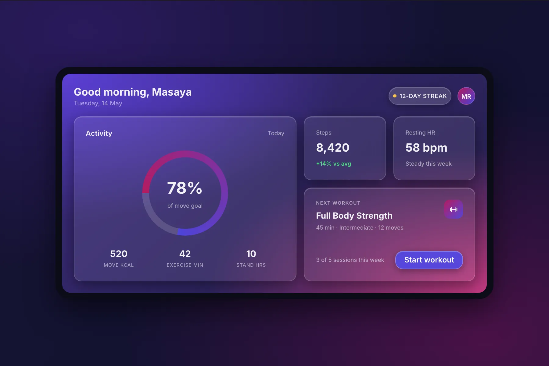 Pulse, a fitness app, in aronia's Glassmorphism style on tablet