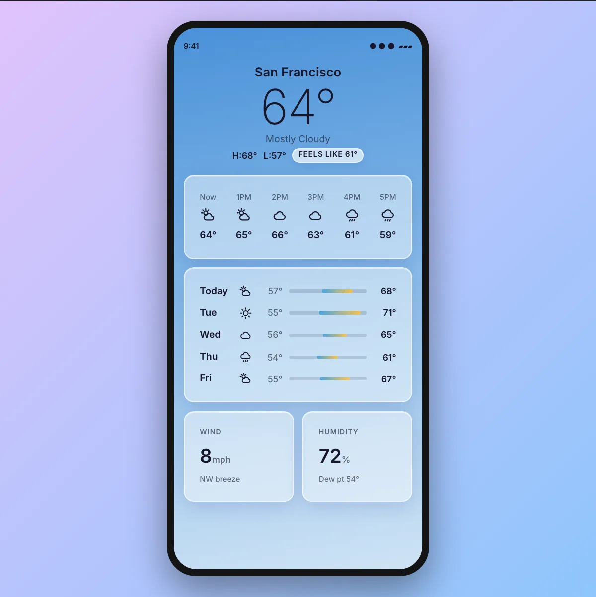 Halo, a weather app, in aronia's Glassmorphism style on mobile