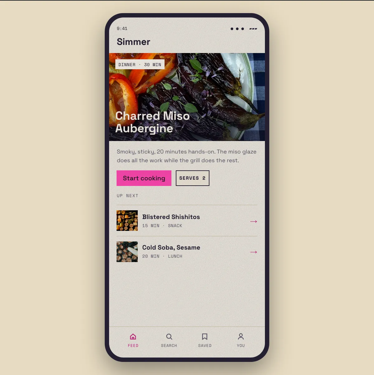 Simmer, a food app, in aronia's Risograph style on mobile