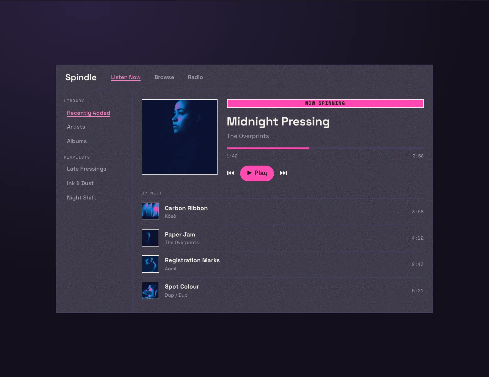 Spindle, a vinyl app, in aronia's Risograph style on desktop