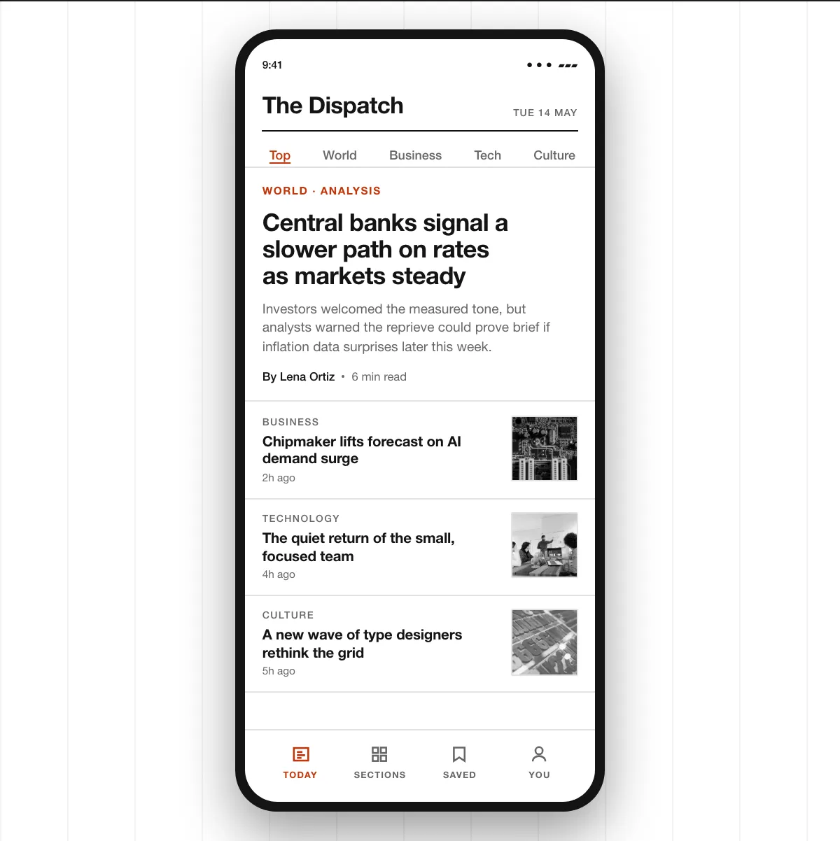 The Dispatch, a news app, in aronia's Swiss style on mobile