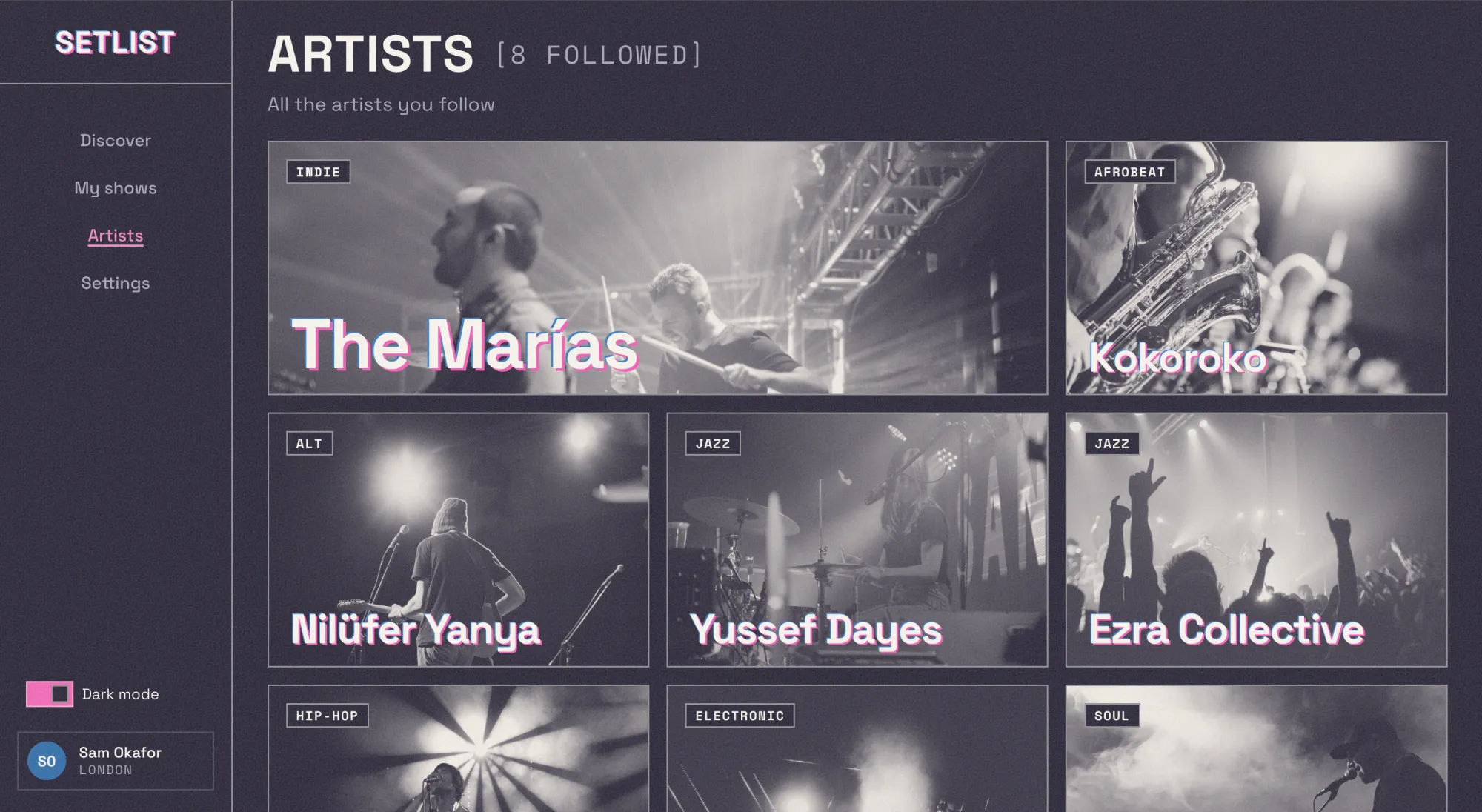 Setlist app — Artists screen in dark mode