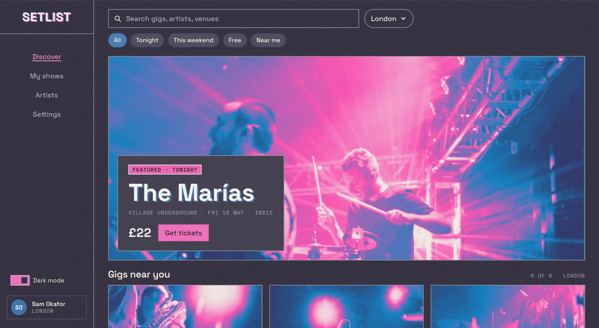Setlist app — Discover screen in dark mode