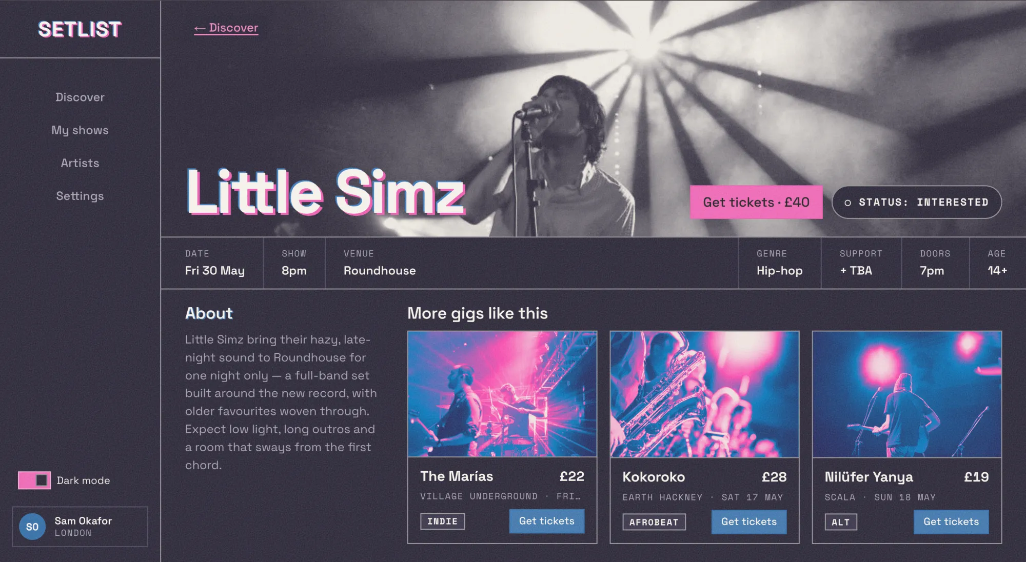 Setlist app — Gig detail screen in dark mode
