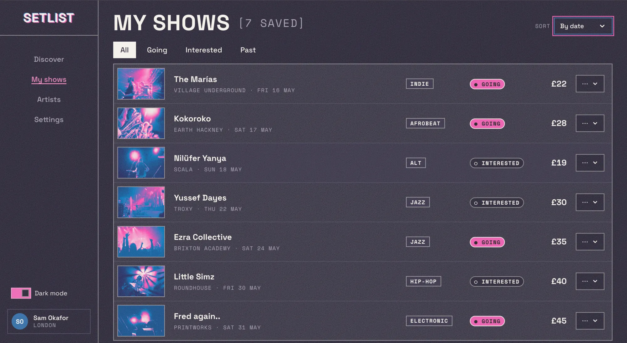 Setlist app — My shows screen in dark mode